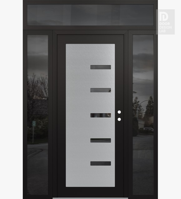 Modern Steel Front Door Diamond C8 64" x 96" black/black mirrored Glass Panel stainless steel LHI with 2 Sidelites and Transom mirrored Glass