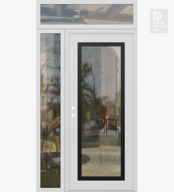 Modern Steel Front Door Diamond C1 52" x 96" white/white clear Glass Panel black RHI with Sidelite and Transom clear Glass