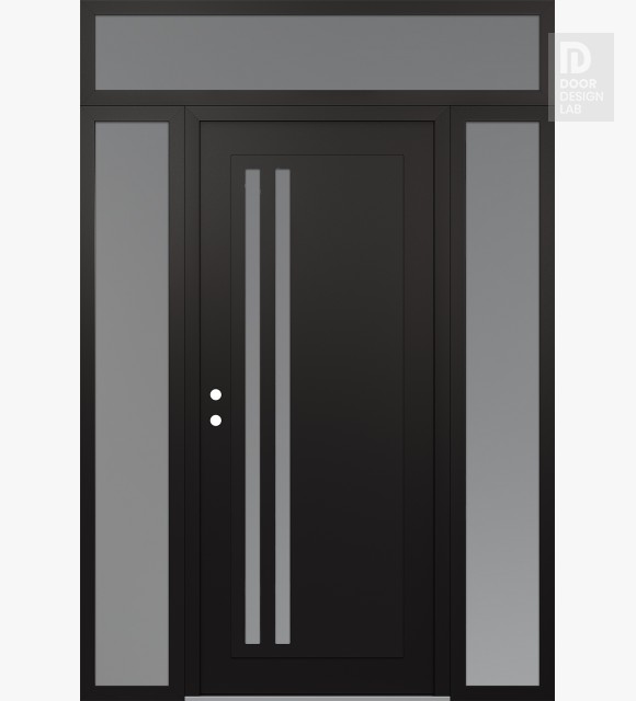 Modern Steel Front Door Diamond C6 64" x 96" black/white frosted Glass Panel black RHI with 2 Sidelites and Transom frosted Glass