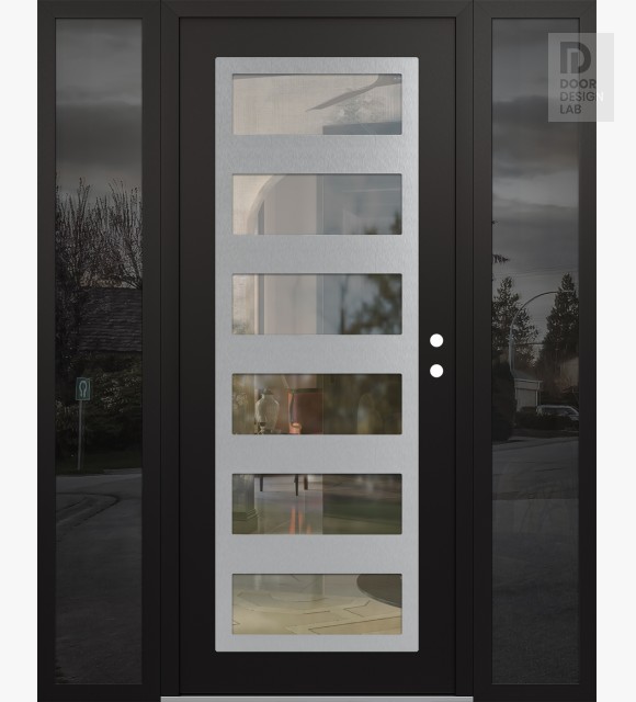 Modern Steel Front Door Diamond C9 68" x 80" black/black clear Glass Panel stainless steel LHI with 2 Sidelites mirrored Glass