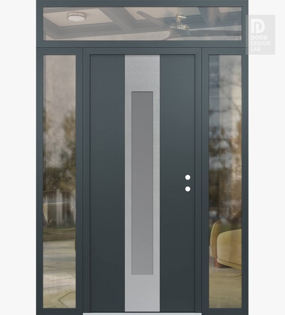 Modern Steel Front Door DIAMOND A1 68" X 96" ANTHRACITE/ANTHRACITE FROSTED GLASS PANEL STAINLESS STEEL LHI WITH 2 SIDELITES AND TRANSOM CLEAR GLASS