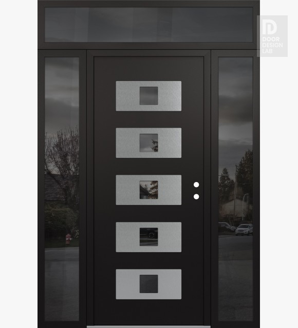 Modern Steel Front Door Diamond D8 64" x 96" black/black mirrored Glass Panel stainless steel LHI with 2 Sidelites and Transom mirrored Glass