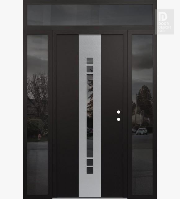 Modern Steel Front Door DIAMOND A4 60" X 96" BLACK/BLACK MIRRORED GLASS PANEL STAINLESS STEEL LHI WITH 2 SIDELITES AND TRANSOM MIRRORED GLASS