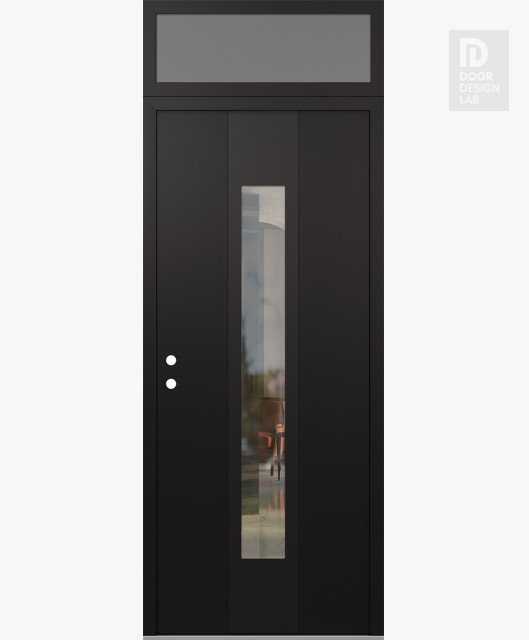 Modern Steel Front Door DIAMOND A1 36" X 96" BLACK/BLACK CLEAR GLASS PANEL BLACK RHI WITH TRANSOM FROSTED GLASS
