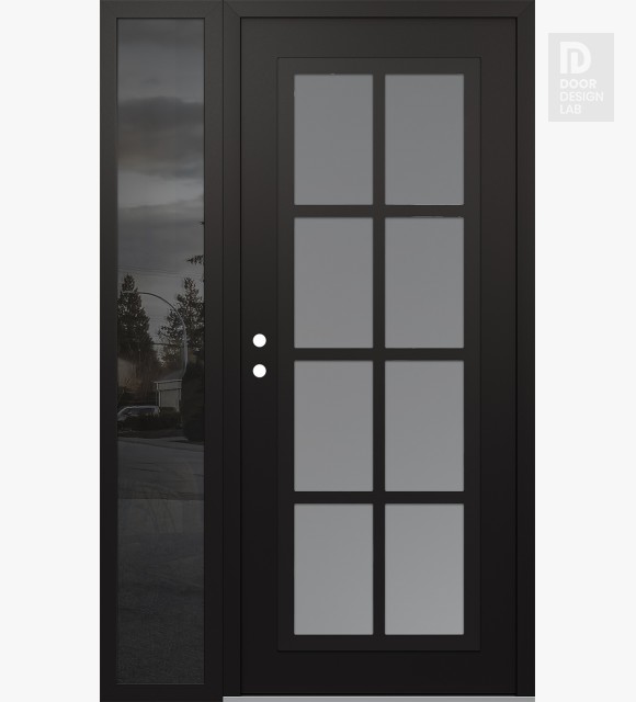 Modern Steel Front Door Diamond C16 50" x 80" black/white frosted Glass Panel black RHI with Sidelite mirrored Glass