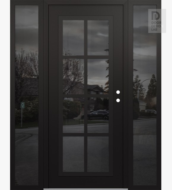 Modern Steel Front Door Diamond C16 64" x 80" black/black mirrored Glass Panel black LHI with 2 Sidelites mirrored Glass