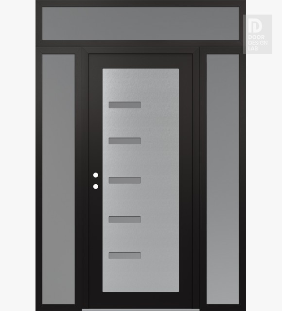 Modern Steel Front Door Diamond C8 68" x 96" black/white frosted Glass Panel stainless steel RHI with 2 Sidelites and Transom frosted Glass