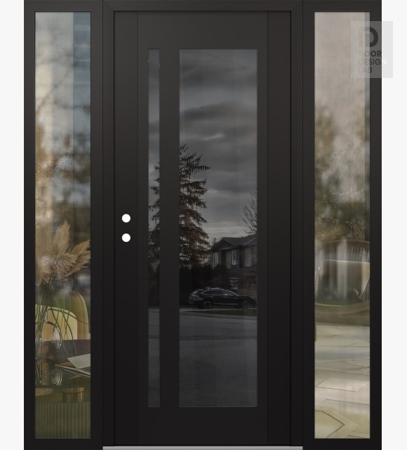 Modern Steel Front Door Diamond C15 68" x 80" black/black mirrored Glass Panel black RHI with 2 Sidelites clear Glass