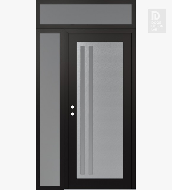 Modern Steel Front Door Diamond C6 50" x 96" black/white frosted Glass Panel stainless steel RHI with Sidelite and Transom frosted Glass