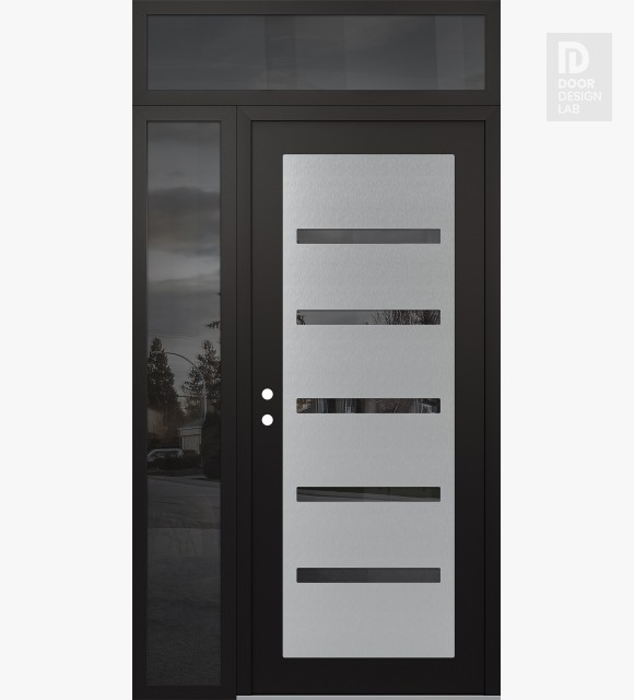 Modern Steel Front Door Diamond C7 50" x 96" black/black mirrored Glass Panel stainless steel RHI with Sidelite and Transom mirrored Glass