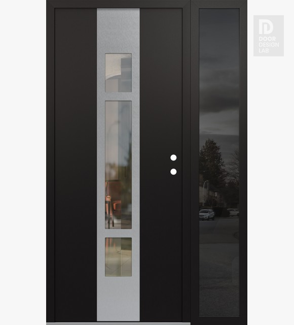 Modern Steel Front Door DIAMOND A9 48" X 80" BLACK/BLACK CLEAR GLASS PANEL STAINLESS STEEL LHI WITH SIDELITE MIRRORED GLASS