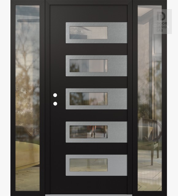 Modern Steel Front Door Diamond D3 64" x 80" black/black clear Glass Panel stainless steel RHI with 2 Sidelites clear Glass