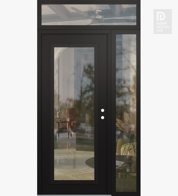 Modern Steel Front Door Diamond C1 48" x 96" black/black clear Glass Panel black LHI with Sidelite and Transom clear Glass
