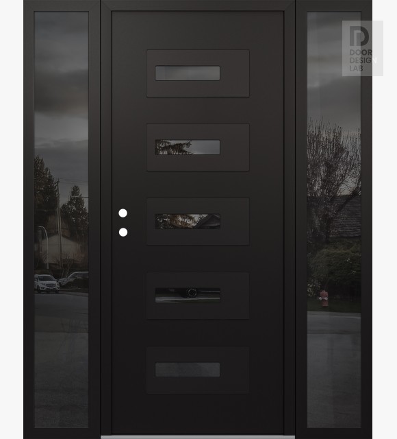Modern Steel Front Door Diamond D6 68" x 80" black/black mirrored Glass Panel black RHI with 2 Sidelites mirrored Glass