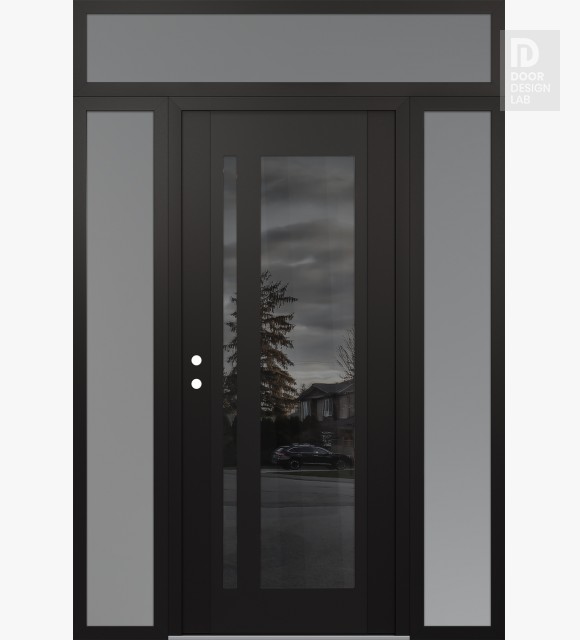 Modern Steel Front Door Diamond C15 68" x 96" black/black mirrored Glass Panel black RHI with 2 Sidelites and Transom frosted Glass