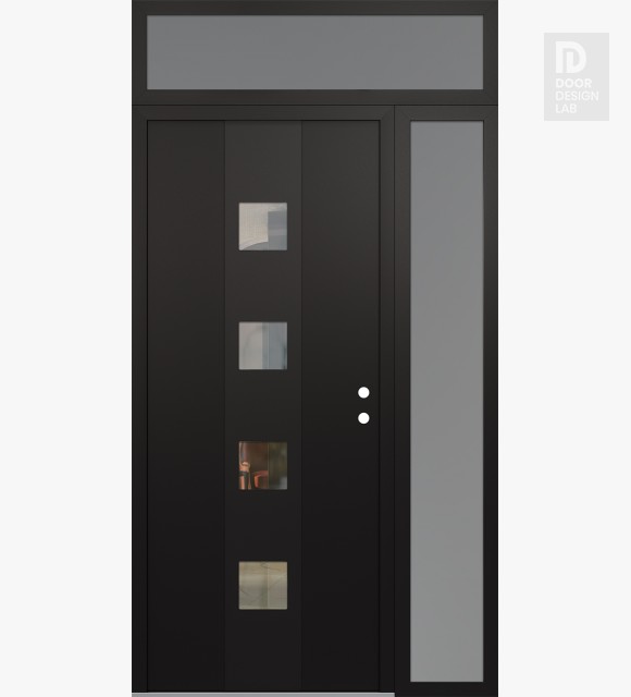 Modern Steel Front Door DIAMOND A12 48" X 96" BLACK/BLACK CLEAR GLASS PANEL BLACK LHI WITH SIDELITE AND TRANSOM FROSTED GLASS