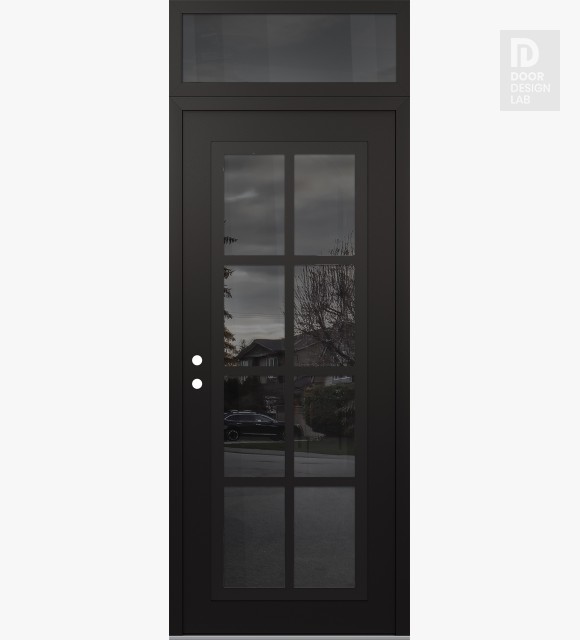 Modern Steel Front Door Diamond C16 36" x 96" black/black mirrored Glass Panel black RHI with Transom mirrored Glass