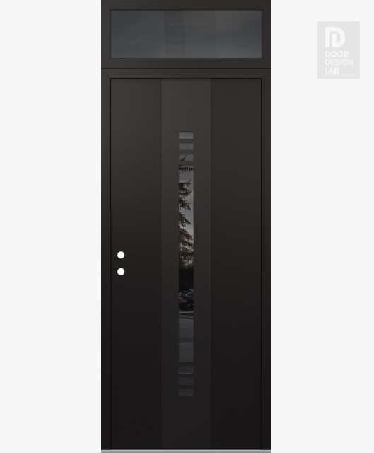 Modern Steel Front Door DIAMOND A5 36" X 96" BLACK/BLACK MIRRORED GLASS PANEL BLACK RHI WITH TRANSOM MIRRORED GLASS