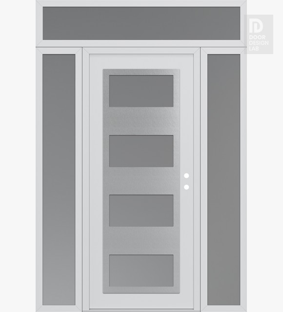 Modern Steel Front Door Diamond C2 60" x 96" white/white frosted Glass Panel stainless steel LHI with 2 Sidelites and Transom frosted Glass