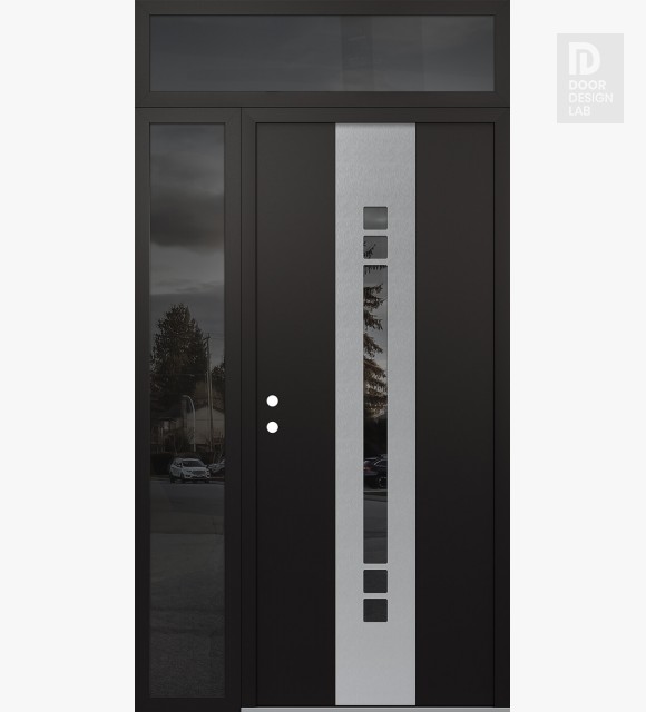 Modern Steel Front Door DIAMOND A4 50" X 96" BLACK/BLACK MIRRORED GLASS PANEL STAINLESS STEEL RHI WITH SIDELITE AND TRANSOM MIRRORED GLASS
