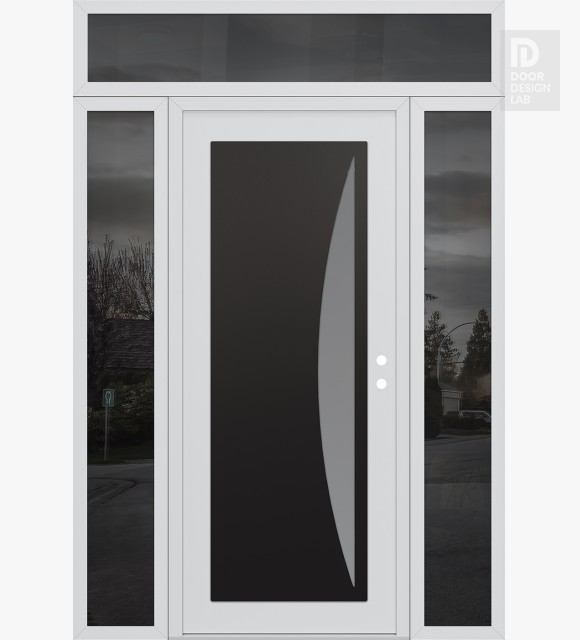 Modern Steel Front Door Diamond C13 60" x 96" white/white frosted Glass Panel black LHI with 2 Sidelites and Transom mirrored Glass