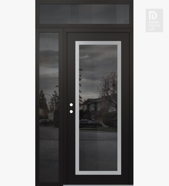 Modern Steel Front Door Diamond C1 52" x 96" black/black mirrored Glass Panel stainless steel RHI with Sidelite and Transom mirrored Glass
