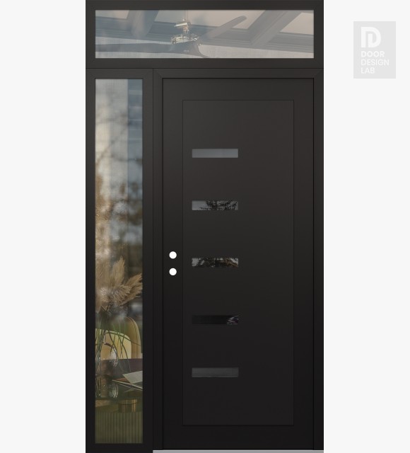 Modern Steel Front Door Diamond C8 48" x 96" black/black mirrored Glass Panel black RHI with Sidelite and Transom clear Glass