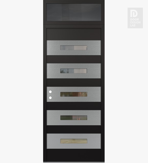 Modern Steel Front Door Diamond D9 36" x 96" black/black clear Glass Panel stainless steel RHI with Transom mirrored Glass
