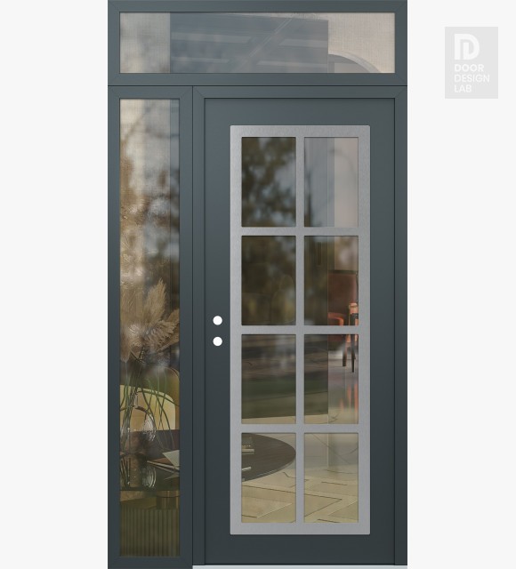Modern Steel Front Door Diamond C16 52" x 96" anthracite/anthracite clear Glass Panel stainless steel RHI with Sidelite and Transom clear Glass