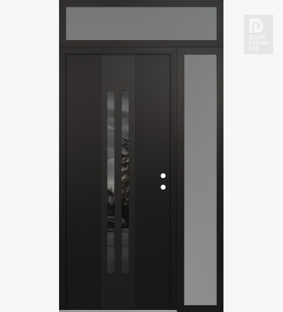 Modern Steel Front Door DIAMOND A8 52" X 96" BLACK/BLACK MIRRORED GLASS PANEL BLACK LHI WITH SIDELITE AND TRANSOM FROSTED GLASS