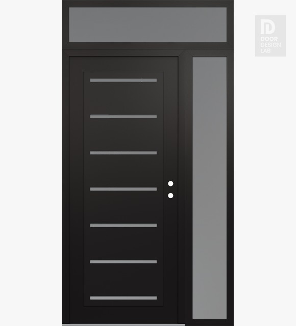 Modern Steel Front Door Diamond C11 48" x 96" black/white frosted Glass Panel black LHI with Sidelite and Transom frosted Glass