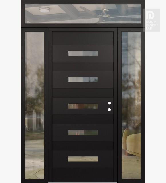 Modern Steel Front Door Diamond D9 68" x 96" black/black clear Glass Panel black LHI with 2 Sidelites and Transom clear Glass