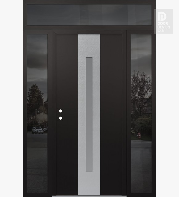 Modern Steel Front Door DIAMOND A2 68" X 96" BLACK/WHITE FROSTED GLASS PANEL STAINLESS STEEL RHI WITH 2 SIDELITES AND TRANSOM MIRRORED GLASS