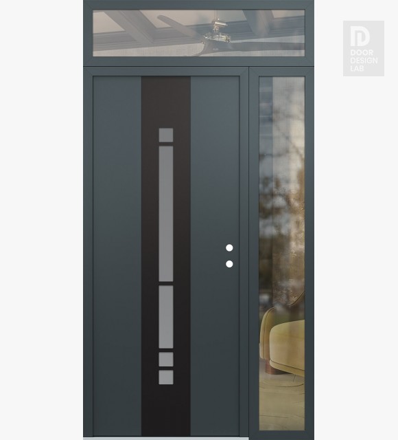 Modern Steel Front Door DIAMOND A3 52" X 96" ANTHRACITE/ANTHRACITE FROSTED GLASS PANEL BLACK LHI WITH SIDELITE AND TRANSOM CLEAR GLASS