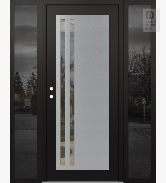 Modern Steel Front Door Diamond C6 64" x 80" black/black clear Glass Panel stainless steel RHI with 2 Sidelites mirrored Glass