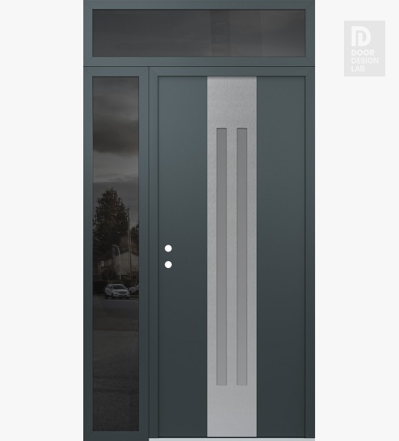 Modern Steel Front Door DIAMOND A8 48" X 96" ANTHRACITE/ANTHRACITE FROSTED GLASS PANEL STAINLESS STEEL RHI WITH SIDELITE AND TRANSOM MIRRORED GLASS