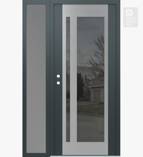 Modern Steel Front Door Diamond C15 52" x 80" anthracite/anthracite mirrored Glass Panel stainless steel RHI with Sidelite frosted Glass