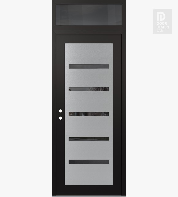 Modern Steel Front Door Diamond C7 36" x 96" black/black mirrored Glass Panel stainless steel RHI with Transom mirrored Glass