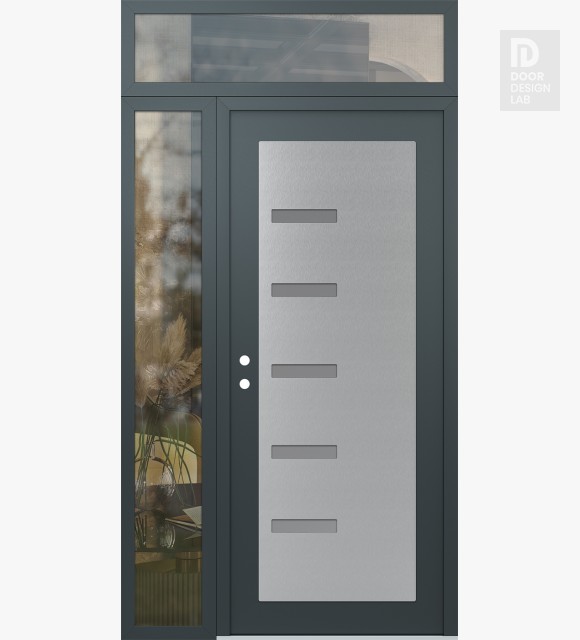 Modern Steel Front Door Diamond C8 48" x 96" anthracite/anthracite frosted Glass Panel stainless steel RHI with Sidelite and Transom clear Glass