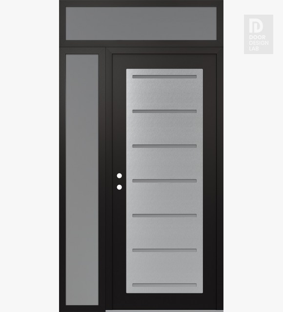 Modern Steel Front Door Diamond C11 48" x 96" black/white frosted Glass Panel stainless steel RHI with Sidelite and Transom frosted Glass