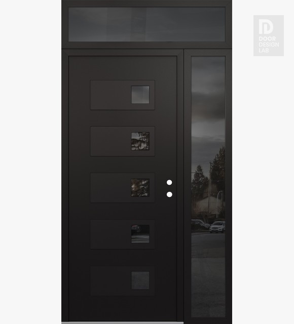 Modern Steel Front Door Diamond D2 48" x 96" black/black mirrored Glass Panel black LHI with Sidelite and Transom mirrored Glass