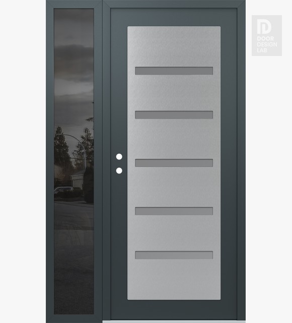 Modern Steel Front Door Diamond C7 50" x 80" anthracite/anthracite frosted Glass Panel stainless steel RHI with Sidelite mirrored Glass