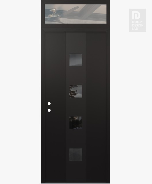 Modern Steel Front Door DIAMOND A12 36" X 96" BLACK/BLACK MIRRORED GLASS PANEL BLACK RHI WITH TRANSOM CLEAR GLASS