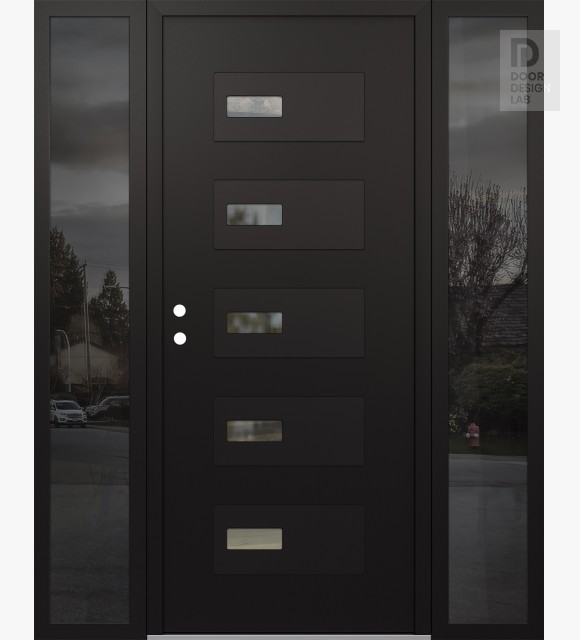 Modern Steel Front Door Diamond D7 60" x 80" black/black clear Glass Panel black RHI with 2 Sidelites mirrored Glass