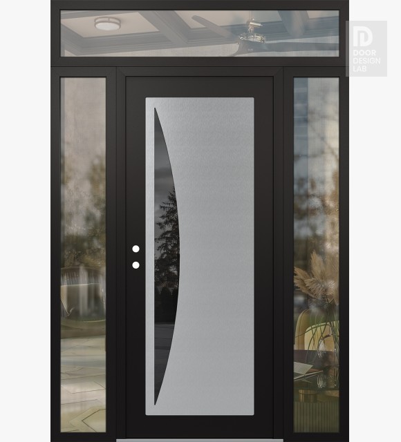 Modern Steel Front Door Diamond C13 64" x 96" black/black mirrored Glass Panel stainless steel RHI with 2 Sidelites and Transom clear Glass