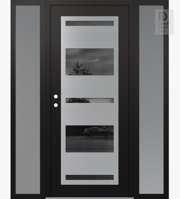 Modern Steel Front Door Diamond C10 60" x 80" black/black mirrored Glass Panel stainless steel RHI with 2 Sidelites frosted Glass