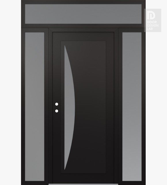 Modern Steel Front Door Diamond C13 64" x 96" black/white frosted Glass Panel black RHI with 2 Sidelites and Transom frosted Glass