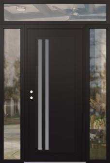 Diamond C6 60" x 96" black/white frosted Glass Panel black RHI with 2 Sidelites and Transom clear Glass