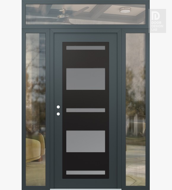Modern Steel Front Door Diamond C10 68" x 96" anthracite/anthracite frosted Glass Panel black RHI with 2 Sidelites and Transom clear Glass