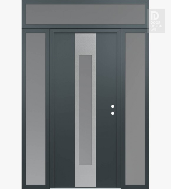 Modern Steel Front Door DIAMOND A1 64" X 96" ANTHRACITE/ANTHRACITE FROSTED GLASS PANEL STAINLESS STEEL LHI WITH 2 SIDELITES AND TRANSOM FROSTED GLASS